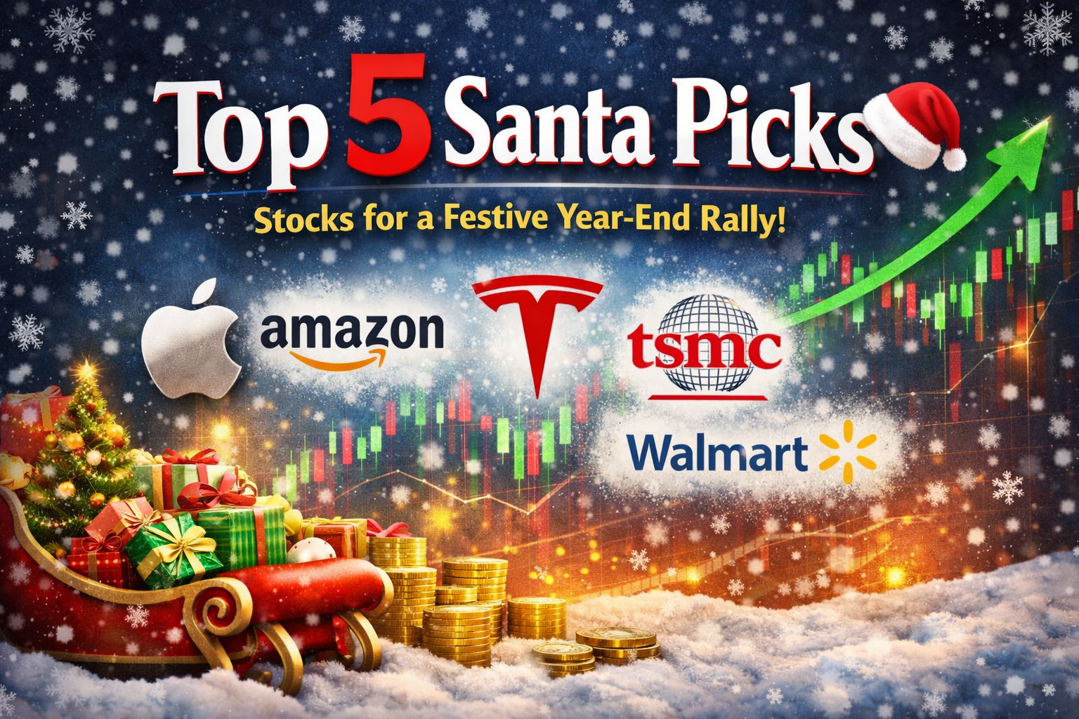 Top 5 Santa Picks As the year comes to a close, investors often look for opportunities to capitalize on the Santa Claus rally, a seasonal trend where stocks tend to rise in late December and early January. While not guaranteed, certain companies have historically benefited from year-end optimism, holiday spending, and sector momentum. In this article, we highlight five top stocks that could see a boost during this festive market period: Apple Inc. (AAPL) Apple is a widely held, large-cap technology stock that often participates in broad market rallies. Historically, Apple has performed well in December and early January, benefiting from holiday sales of iPhones, Macs, and other devices. Year-end optimism and index rebalancing can also push the stock higher. Its strong brand and stable earnings make it a reliable candidate for a Santa Claus rally, even if the broader tech sector faces volatility. 2. Amazon.com, Inc. (AMZN) Amazon tends to benefit from seasonal tailwinds, particularly holiday e-commerce as consumers make end-of-year purchases. Its AWS cloud business provides additional earnings support. Historically, Amazon has outperformed in late December due to increased online shopping, gift card redemptions, and the holiday retail surge. High institutional ownership and liquidity make it a common target for year-end momentum trades. 3. Tesla Inc. (TSLA) Tesla is a high-momentum, widely traded stock that tends to gain during periods of broad market optimism or retail-driven rallies. Since its IPO, Tesla has frequently seen gains in December, driven by investors closing positions ahead of year-end or chasing momentum. Strong model deliveries, product announcements, and social media attention often amplify its seasonal moves. 4. Taiwan Semiconductor Manufacturing Company (TSMC) TSMC is a major supplier in the AI and semiconductor industry, making it a proxy for tech strength and innovation trends. Year-end optimism in tech, combined with strong AI demand and semiconductor sector momentum, can lift TSMC stock during a Santa Claus rally. Its large market capitalization ensures sufficient liquidity for institutional flows, further supporting potential gains. 5. Walmart Inc. (WMT) Walmart benefits from higher consumer spending during the holidays, making it a strong candidate for a seasonal rally. Late December is historically a strong period for Walmart due to gift purchases, post-Christmas returns, and increased store traffic. Its stable dividend and defensive retail profile make it attractive to investors seeking lower-volatility exposure during year-end rallies.