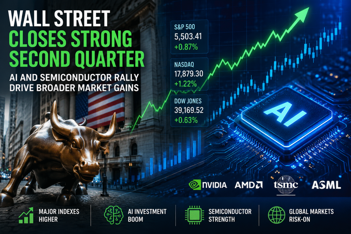 U.S. stocks broadly advanced as Wall Street wrapped up a strong second quarter, with investor optimism remaining firmly centered on the semiconductor sector and the ongoing artificial intelligence investment boom. Chipmakers and AI-related technology companies continued to attract significant capital flows as investors bet that accelerating demand for advanced processors, cloud infrastructure, and data-center capacity will drive robust earnings growth over the coming years. The rally was fueled by expectations that businesses across industries will increase spending on AI technologies, benefiting companies involved in semiconductor design, manufacturing equipment, networking hardware, and software platforms. The technology-led advance helped push major indexes higher and reinforced a broader risk-on sentiment across financial markets. Investors largely looked past concerns surrounding interest rates and global economic growth, focusing instead on strong corporate earnings prospects and expanding AI adoption. The semiconductor industry remained at the center of the rally as market participants viewed it as one of the biggest beneficiaries of the next phase of digital transformation, with demand for high-performance computing, generative AI applications, and data-center expansion continuing to exceed expectations. The strength in technology stocks also supported gains across other sectors as improving market confidence encouraged investors to increase exposure to equities. Financials, industrials, and consumer discretionary shares benefited from the positive market tone, while declining volatility signaled growing confidence in the economic outlook. As a result, U.S. markets ended the quarter on a strong footing, with the AI-driven technology rally remaining the primary catalyst behind equity market performance and investor enthusiasm heading into the second half of the year.