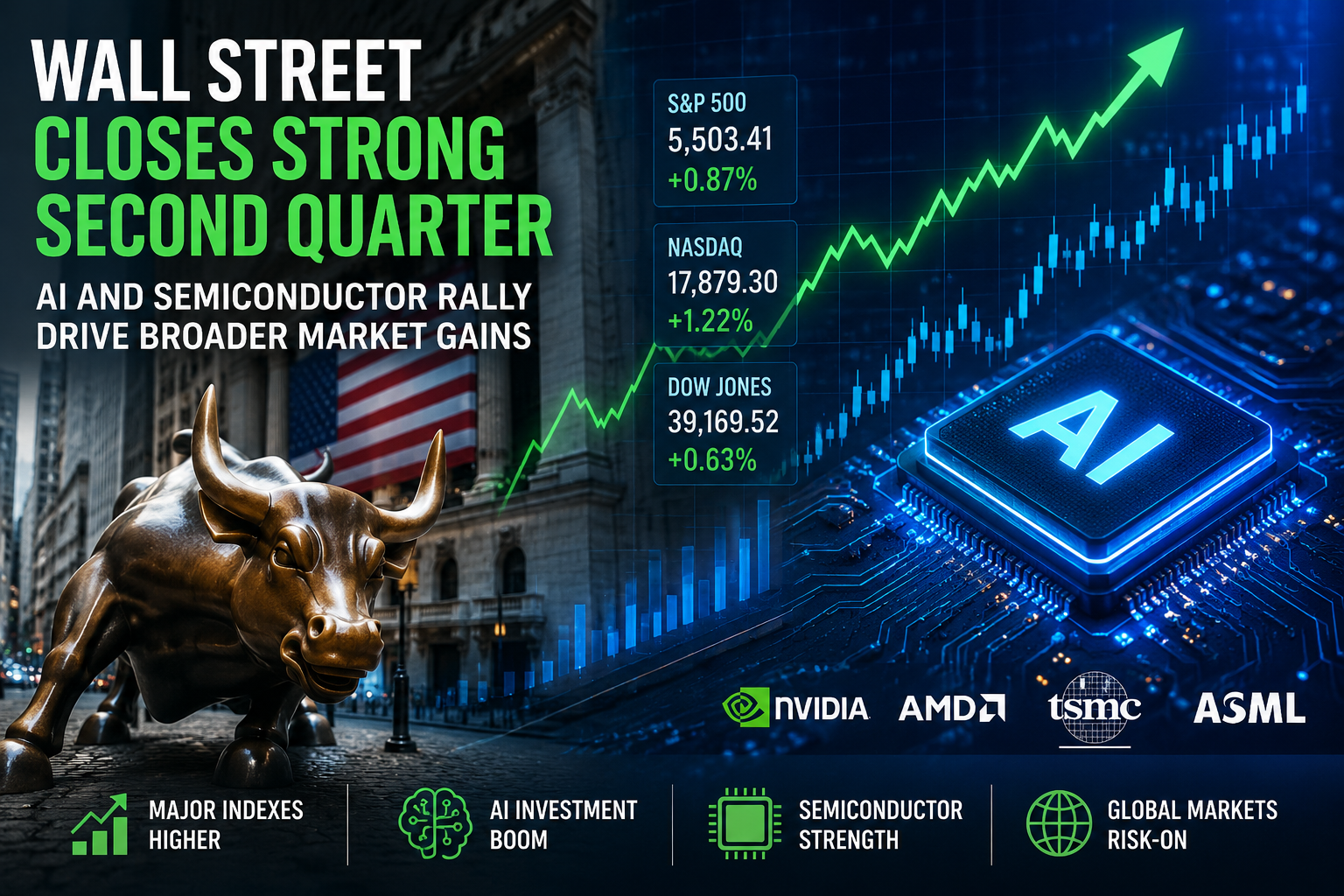 U.S. stocks broadly advanced as Wall Street wrapped up a strong second quarter, with investor optimism remaining firmly centered on the semiconductor sector and the ongoing artificial intelligence investment boom. Chipmakers and AI-related technology companies continued to attract significant capital flows as investors bet that accelerating demand for advanced processors, cloud infrastructure, and data-center capacity will drive robust earnings growth over the coming years. The rally was fueled by expectations that businesses across industries will increase spending on AI technologies, benefiting companies involved in semiconductor design, manufacturing equipment, networking hardware, and software platforms. The technology-led advance helped push major indexes higher and reinforced a broader risk-on sentiment across financial markets. Investors largely looked past concerns surrounding interest rates and global economic growth, focusing instead on strong corporate earnings prospects and expanding AI adoption. The semiconductor industry remained at the center of the rally as market participants viewed it as one of the biggest beneficiaries of the next phase of digital transformation, with demand for high-performance computing, generative AI applications, and data-center expansion continuing to exceed expectations. The strength in technology stocks also supported gains across other sectors as improving market confidence encouraged investors to increase exposure to equities. Financials, industrials, and consumer discretionary shares benefited from the positive market tone, while declining volatility signaled growing confidence in the economic outlook. As a result, U.S. markets ended the quarter on a strong footing, with the AI-driven technology rally remaining the primary catalyst behind equity market performance and investor enthusiasm heading into the second half of the year.