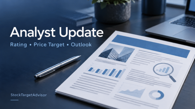 StockTargetAdvisor Analyst Update — Rating, Price Target and Outlook, with a research report and pen on a blue desk.